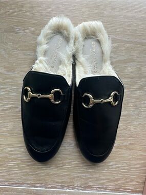 Black Faux-Fur Leather Backless Mules with Gold Bit